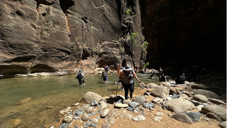a group of people walking in a river