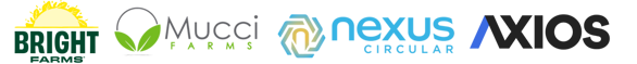 logos for the following companies: Brightfarms, Mucci Farms, Nexus Circular, and Axios