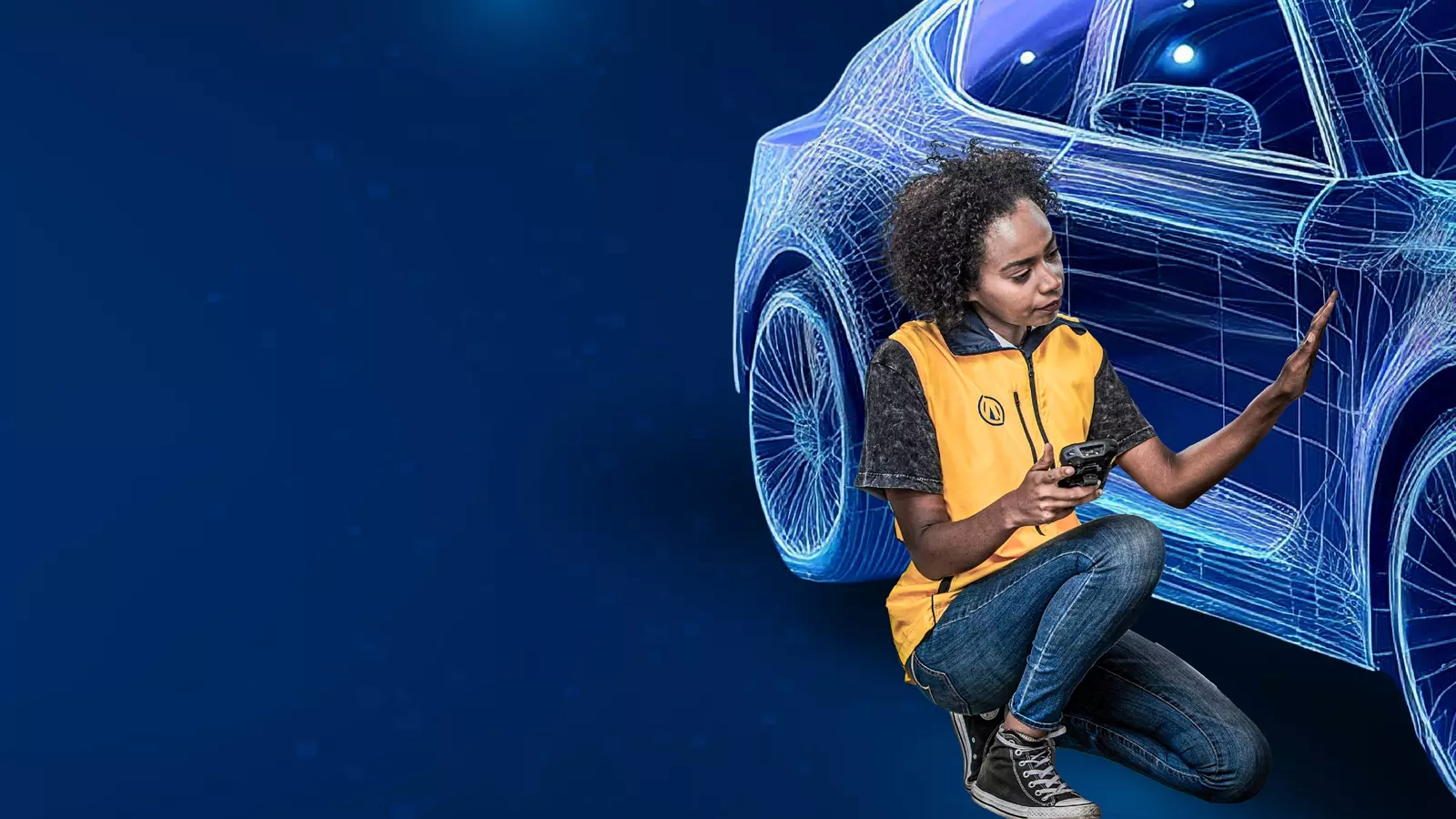 a person sitting on a ledge looking at a blue car