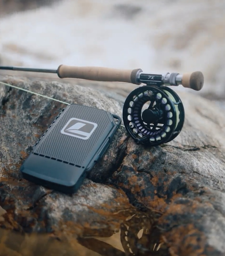 a fishing rod and a phone on a rock