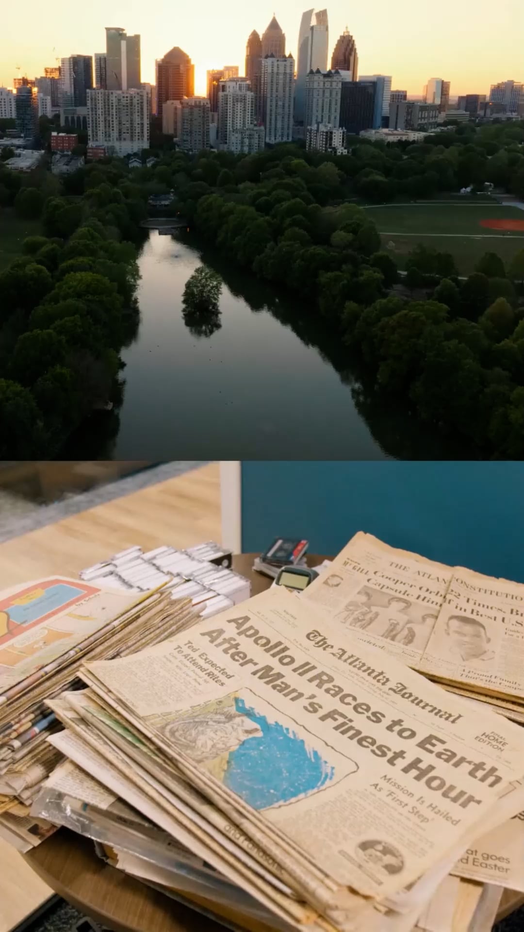 a river with newspapers and a road with trees