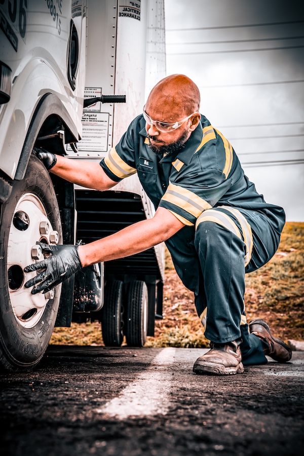 a person wearing safety glasses and working on a truck