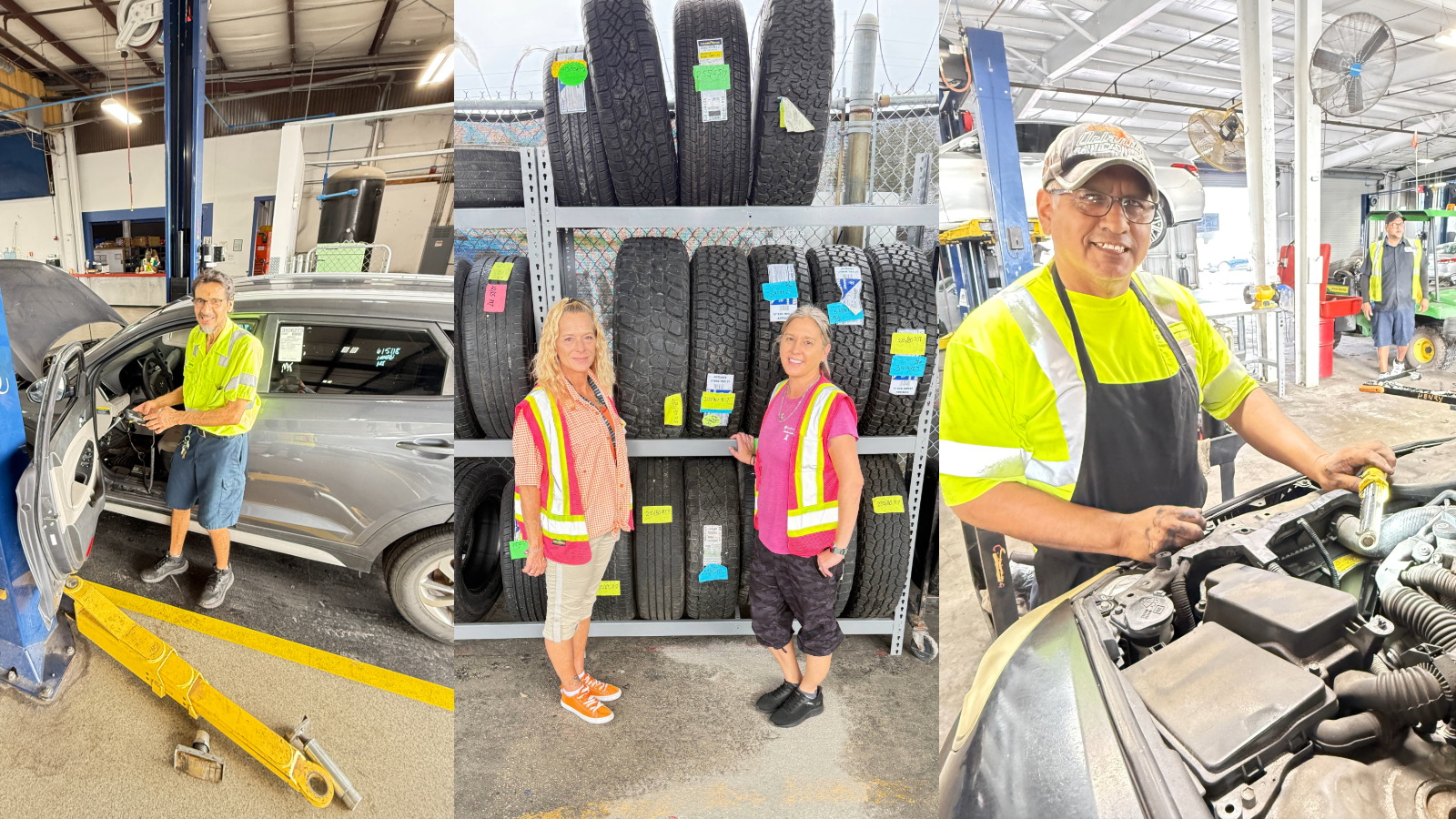 a collage of people in a car shop