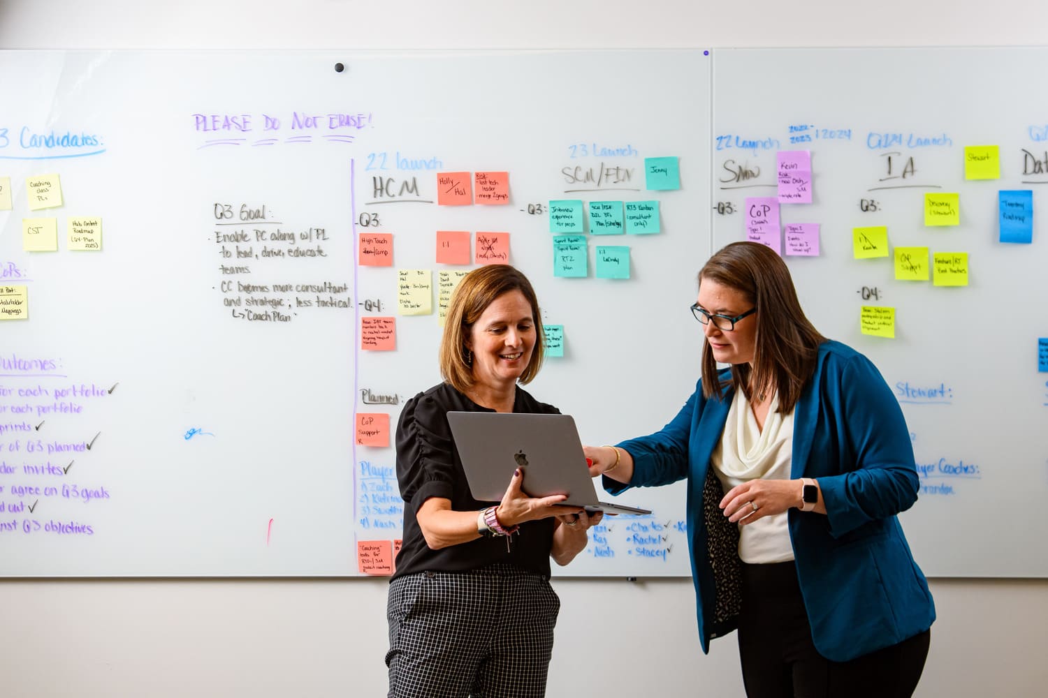 a person and person standing in front of a whiteboard with post-it notes