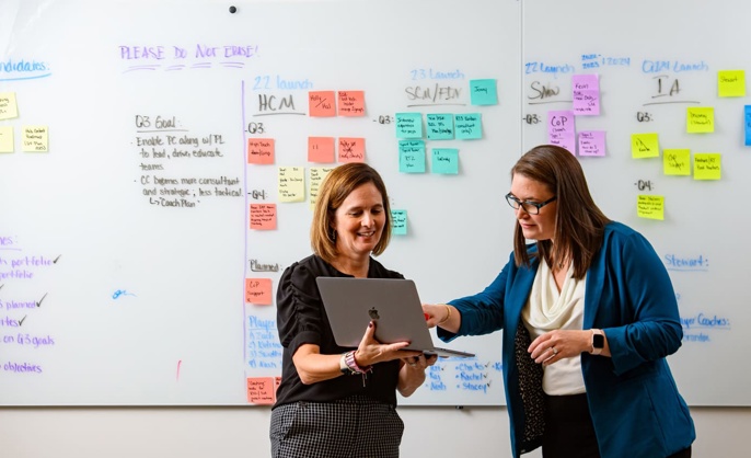 a person and person standing in front of a whiteboard with post-it notes