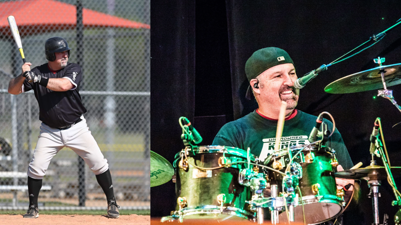 a person playing a drum and a baseball player