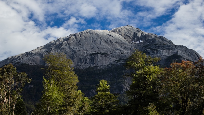 a mountain with trees and blue sky