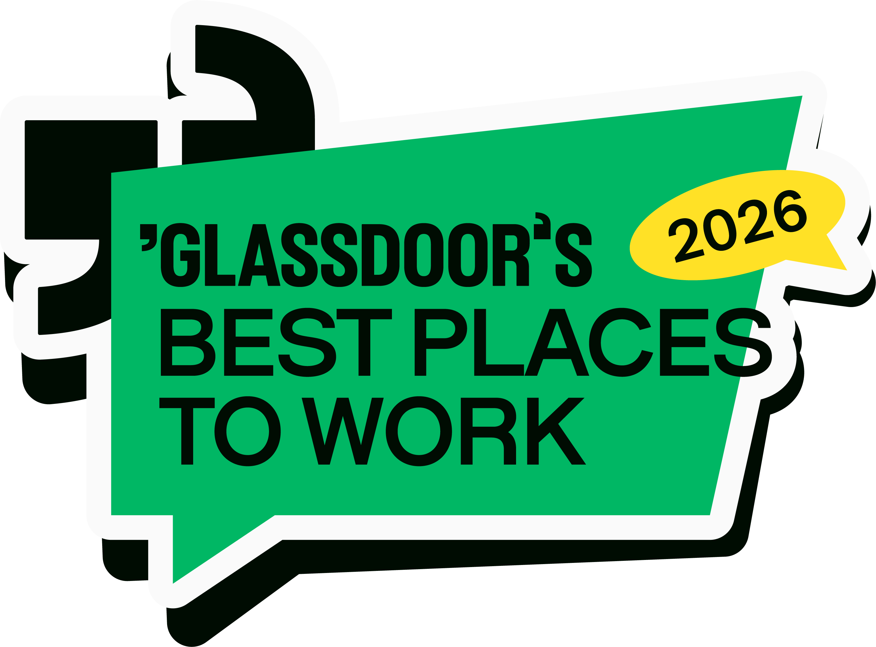 a green and black sticker with black text